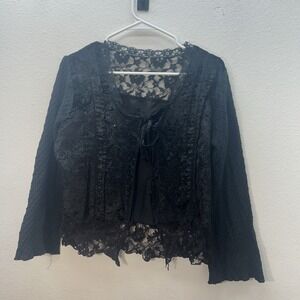 Y2k Cardigan Sz M/L Fairy Witchy Whimsigoth Lace Tie Front Velvet Sweater Black